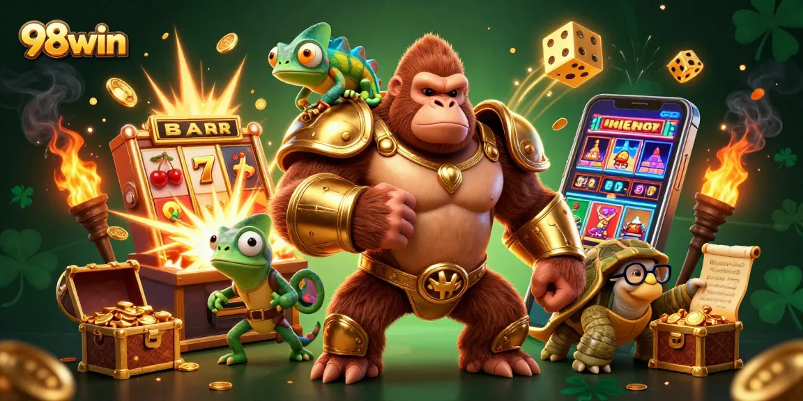 Experience the excitement of 98win with a jackpot explosion of fortune in this vivid casino scene.