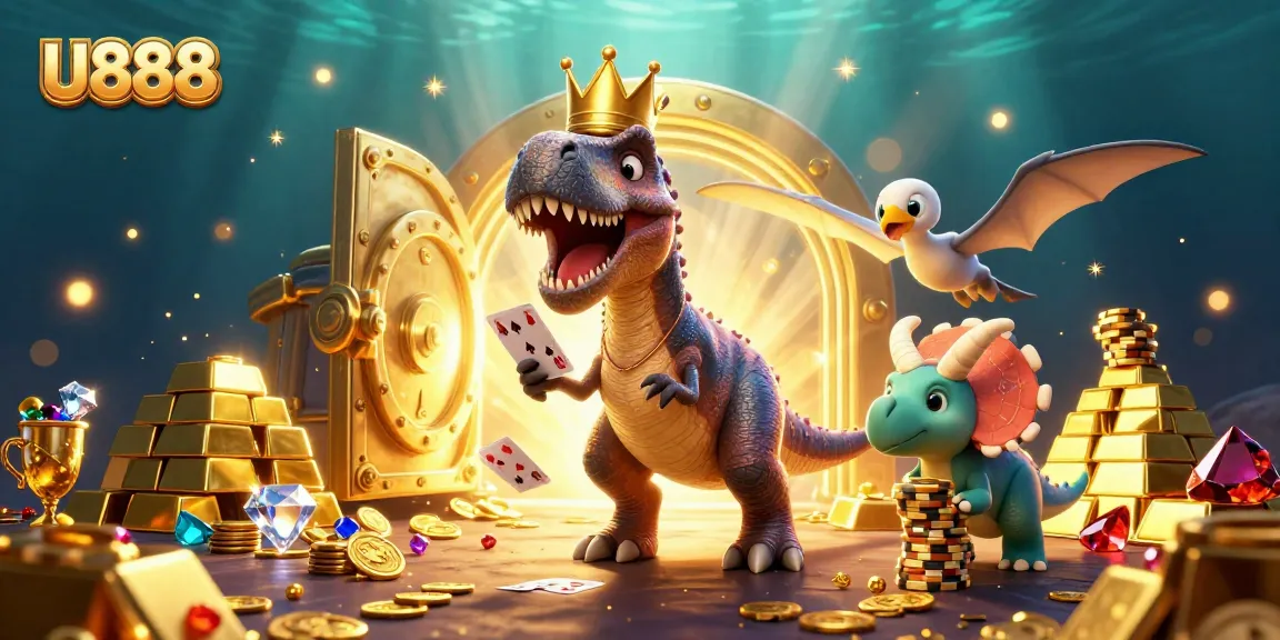 U888 brings excitement as the T-Rex shuffles cards while the triceratops stacks chips and treasure glimmers.