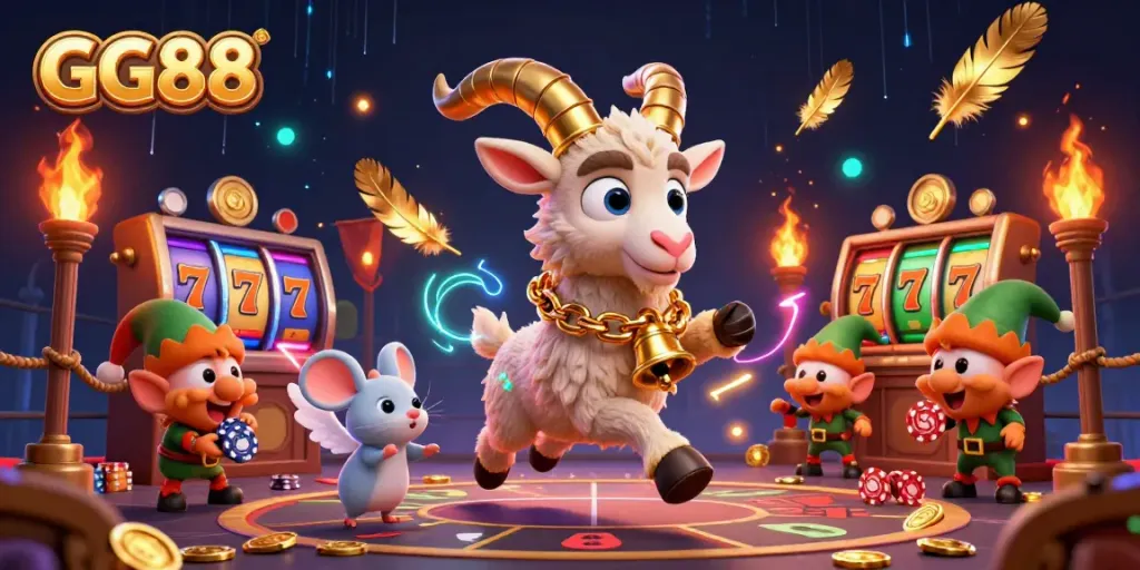 Experience the thrilling GG88 casino with Krampus and elfin mischief in a vibrant 3D scene.