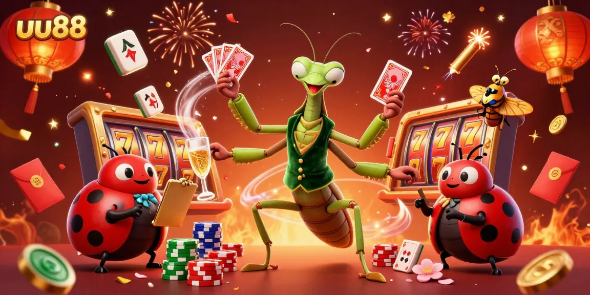 Experience thrilling wins with uu88's vibrant casino scene featuring card shuffling mantis and lucky symbols.