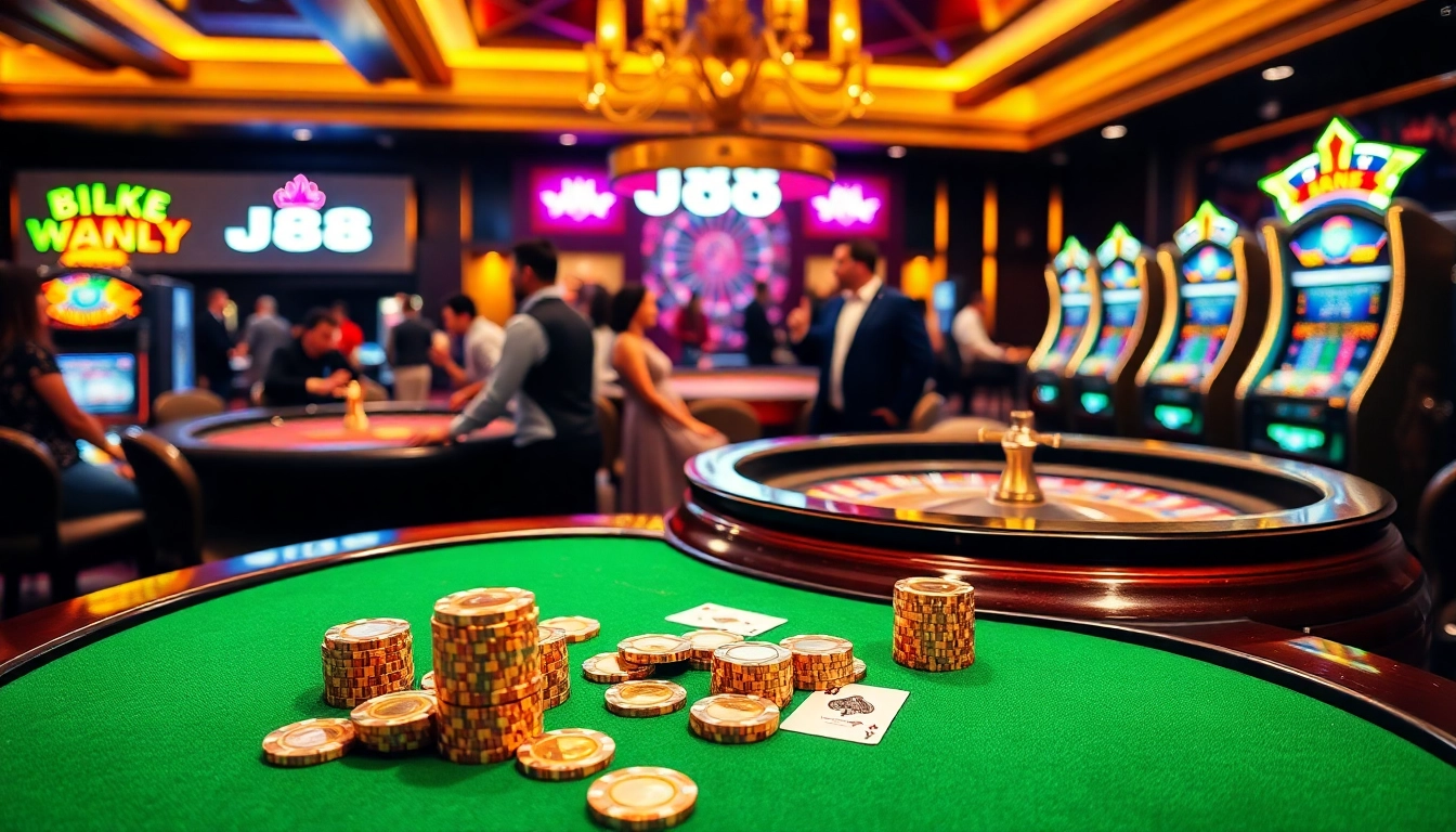 Exciting casino atmosphere featuring J88 poker table, golden chips, and roulette wheel action.