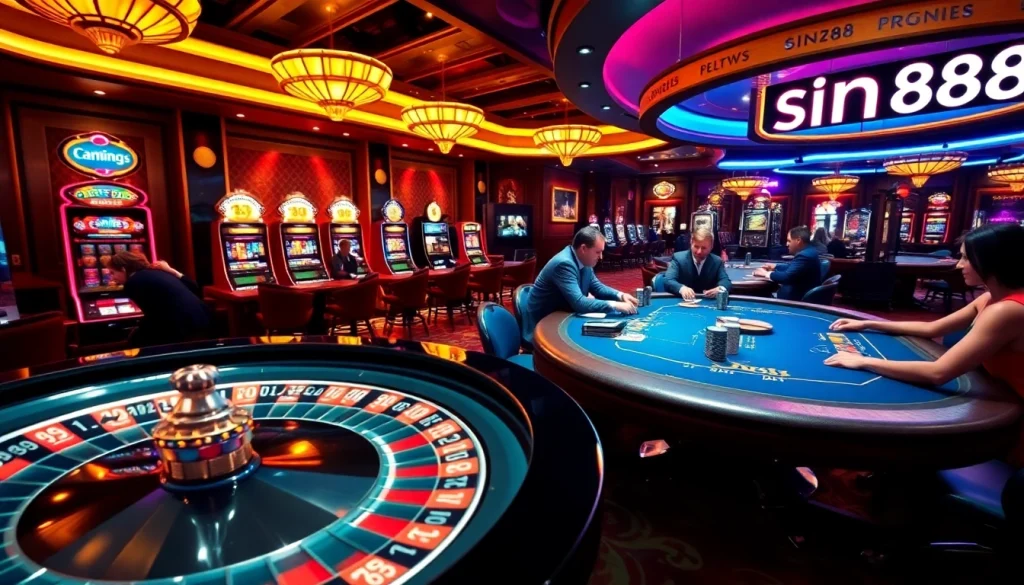 Experience thrilling gambling at https://sin88.app/ with an exciting casino scene showcasing roulette and poker.