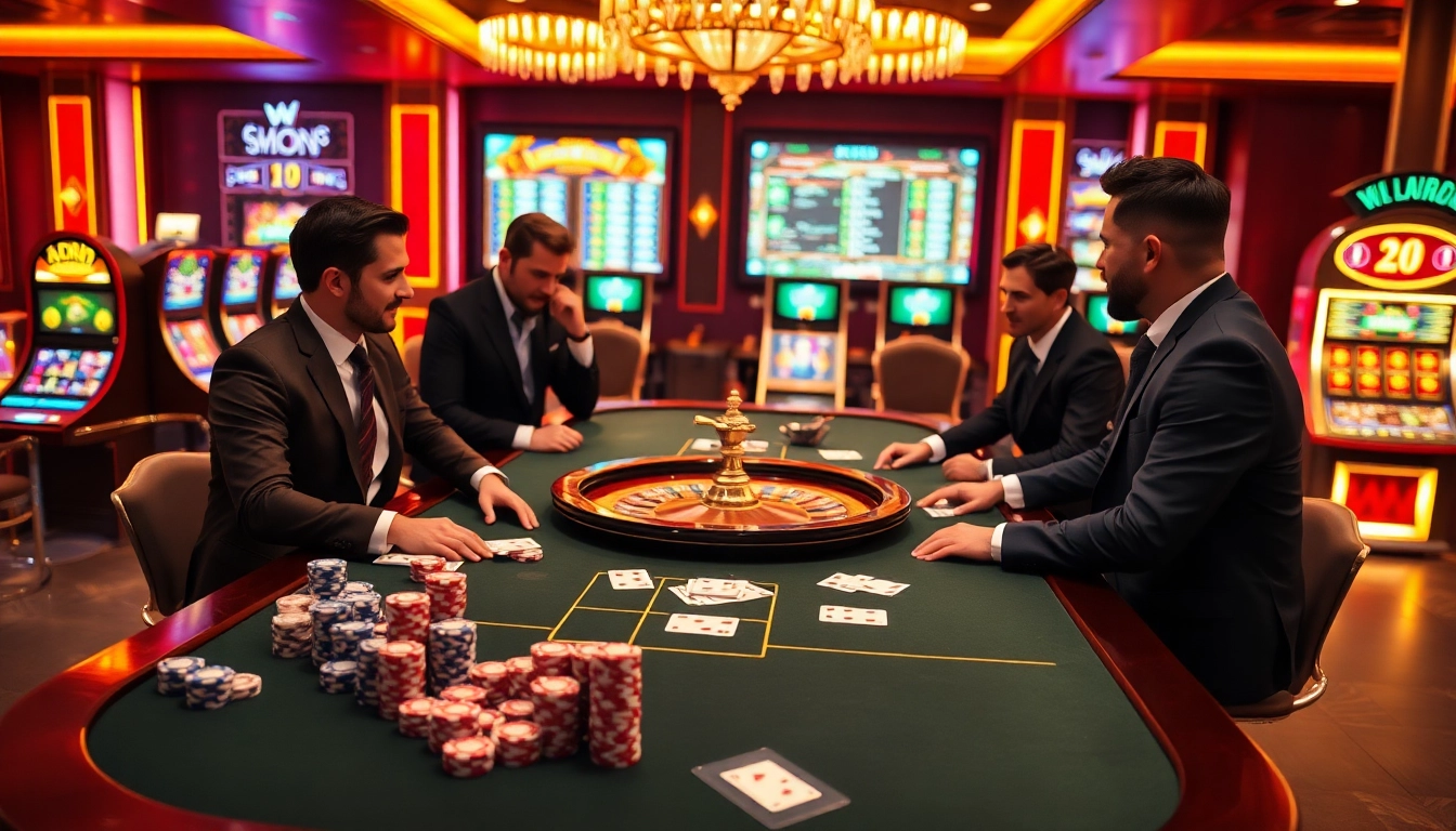 Engaging gamblers at a vibrant casino table at https://nk88bet.org/, showcasing poker chips and cards.