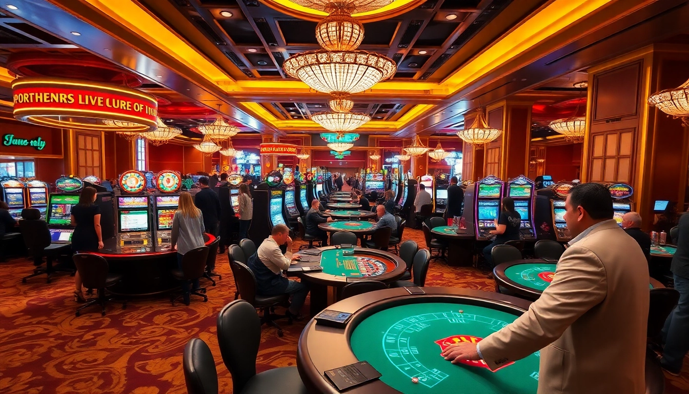Experience the vibrant excitement of TP88 at a luxury casino with players enjoying roulette and slots.