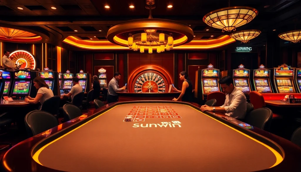 Sunwin gaming enthusiasts playing at a vibrant casino table with poker chips and cards.