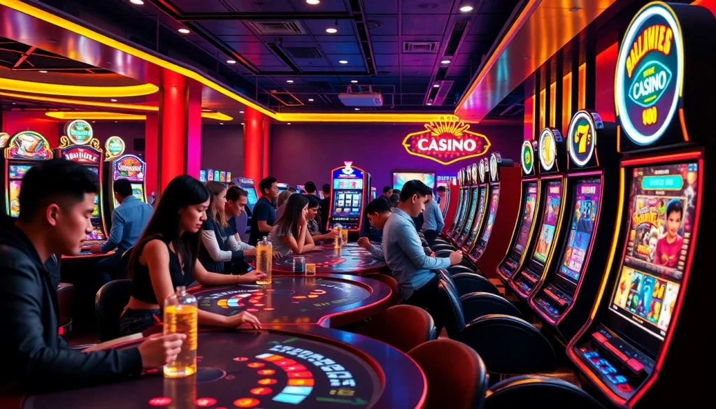 Discover the thrilling atmosphere of ev88win.live with dynamic gaming scenes and vibrant casino activities.