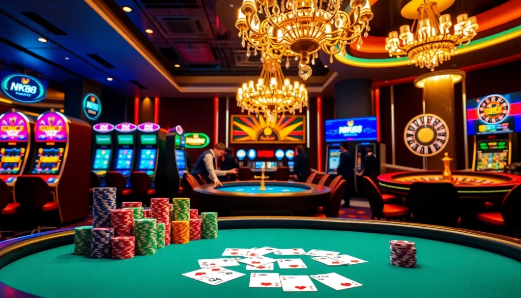 Exciting poker action at NK88 with vibrant chips and cards on a luxurious table.