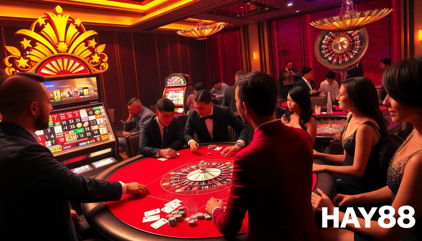 HAY88 players enjoy a luxurious poker table at a vibrant casino scene.