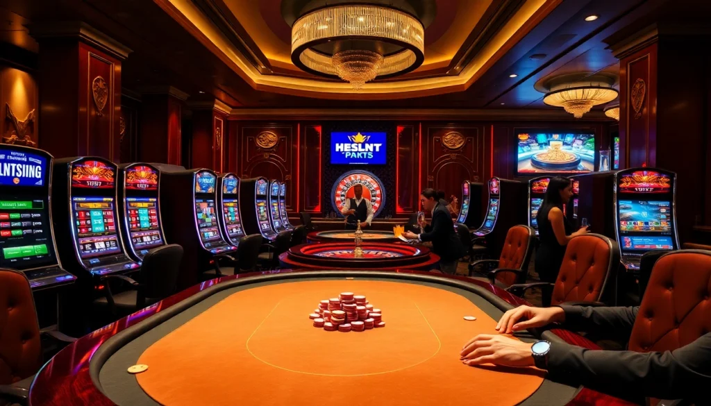 Engaging scene of gambling with high stakes at https://hu88u.com/ poker table, casino ambiance, and vibrant slot machines.