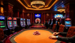 Engaging scene of gambling with high stakes at https://hu88u.com/ poker table, casino ambiance, and vibrant slot machines.