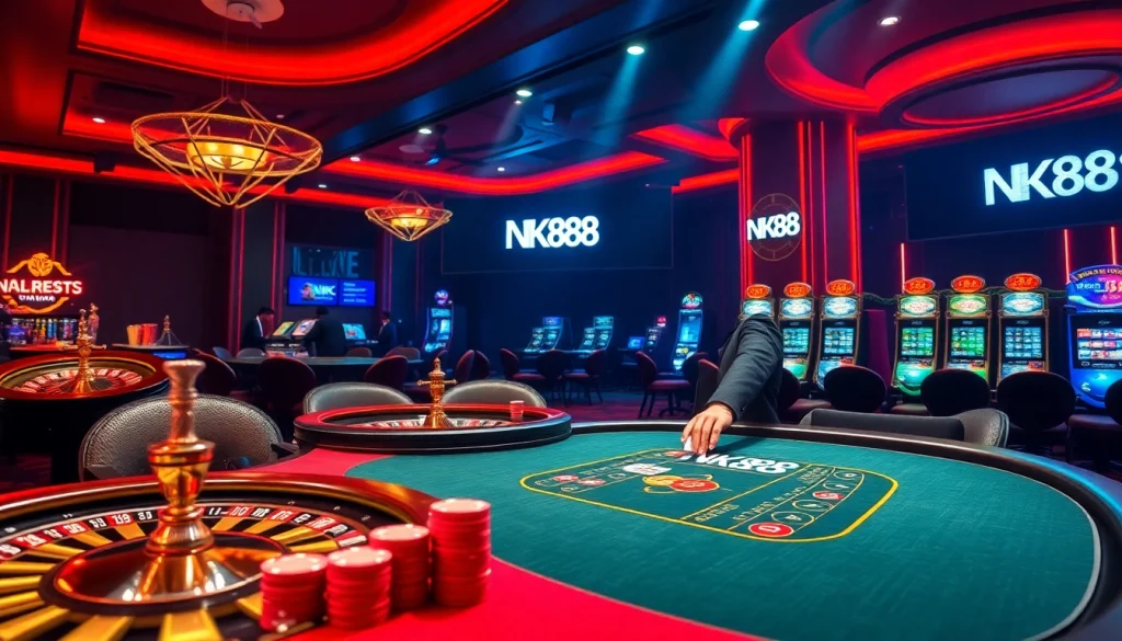 Players engaging in high-stakes poker at NK88 casino, highlighting excitement and luxury.