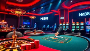 Players engaging in high-stakes poker at NK88 casino, highlighting excitement and luxury.