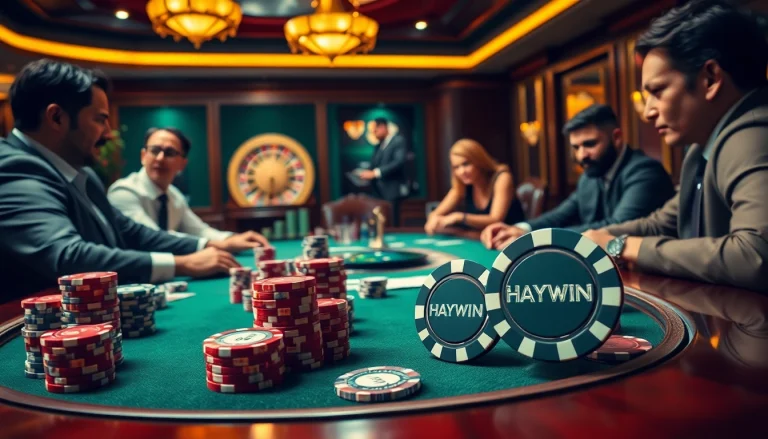 Experience high-stakes poker with HAYWIN chips, vibrant cards, and a luxurious casino atmosphere.