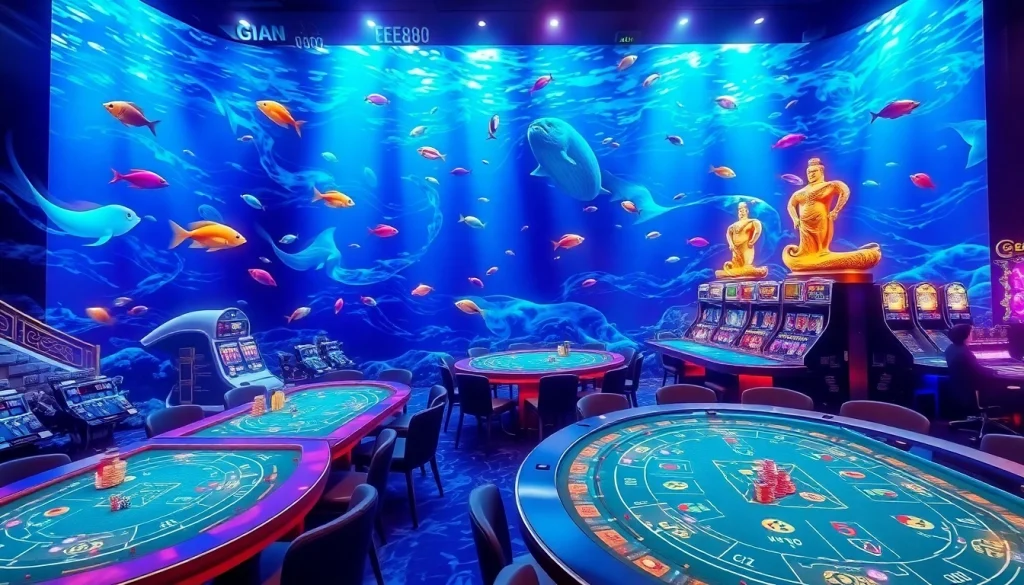 Bắn cá ee88 players enjoying an immersive underwater gaming experience at a vibrant casino.