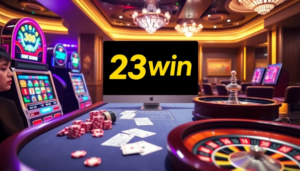 Experience thrilling gameplay at 23win with vibrant casino visuals including slot machines and poker tables.