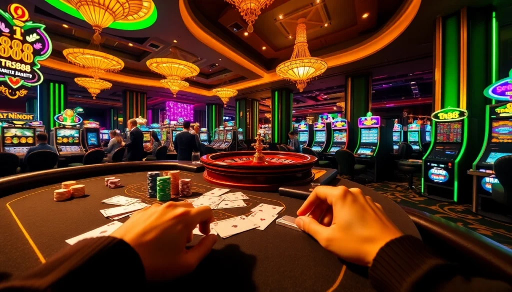 Gambling excitement at TR88 with poker chips and vibrant slot machines.