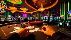 Gambling excitement at TR88 with poker chips and vibrant slot machines.