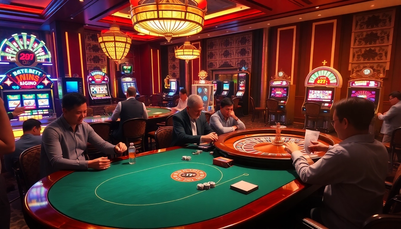 Experience the excitement of 28BET with gamblers at a luxurious poker table in a vibrant casino.