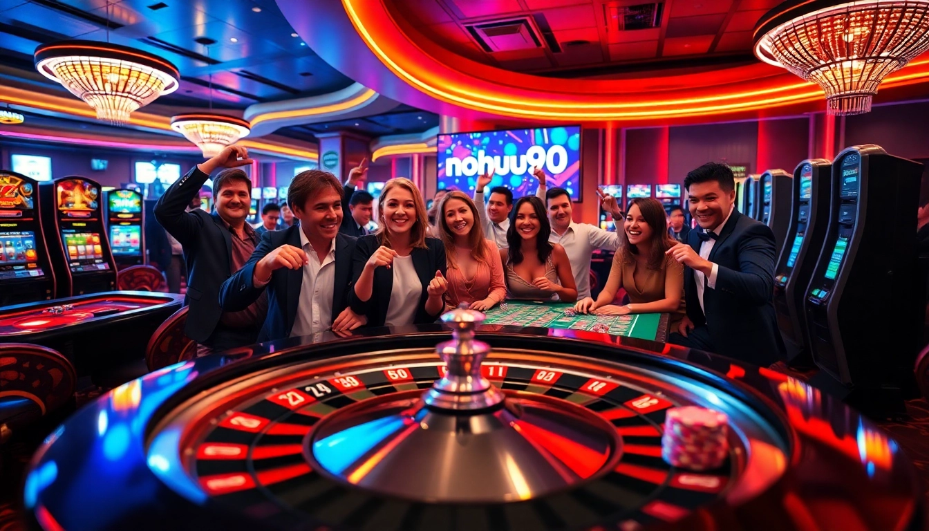 Players enjoying the thrill of gaming at nohu90, featuring poker chips and slot machines.