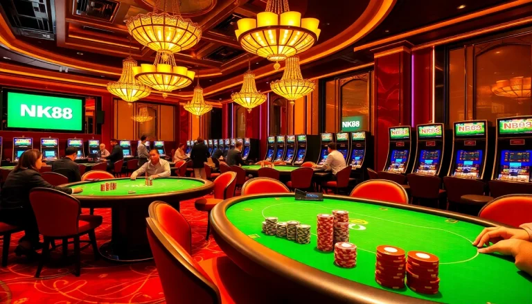 NK88 casino scene showcasing a vibrant poker table with dealers and colorful chips.