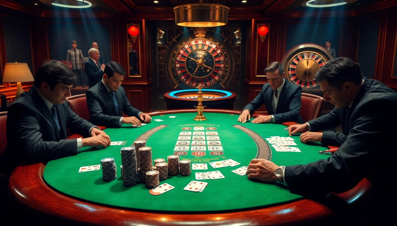Luckywin casino scene with intense poker action, showcasing luxury and excitement.