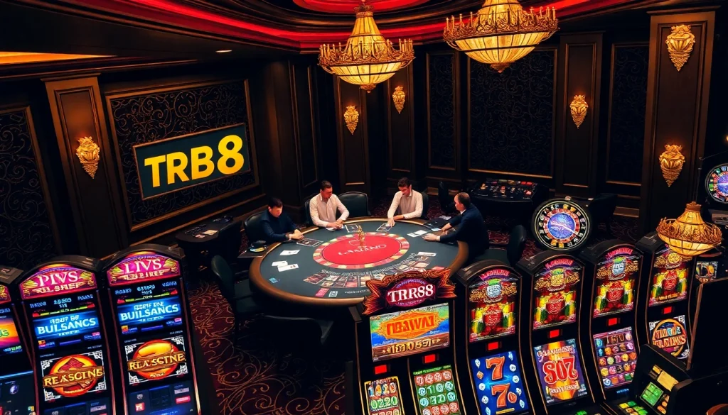 Experience the thrill of TR88 in a luxurious casino setting with poker tables and vibrant slot machines.