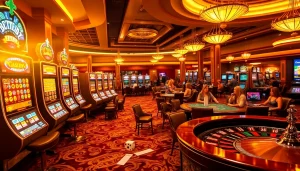 Players enjoy thrilling games at 123b.ing, surrounded by vibrant slot machines and lively casino tables.