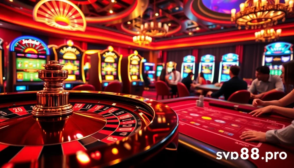 Exciting gambling scene with roulette wheel and poker table at https://sv88s.pro
