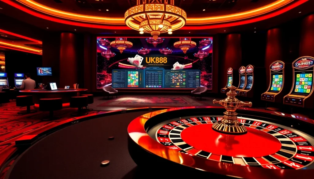 Experience the excitement of UK88 online casino games with vibrant roulette and poker tables.