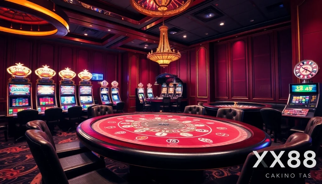 High-stakes poker action at XX88 casino with vibrant slot machines and roulette wheel.