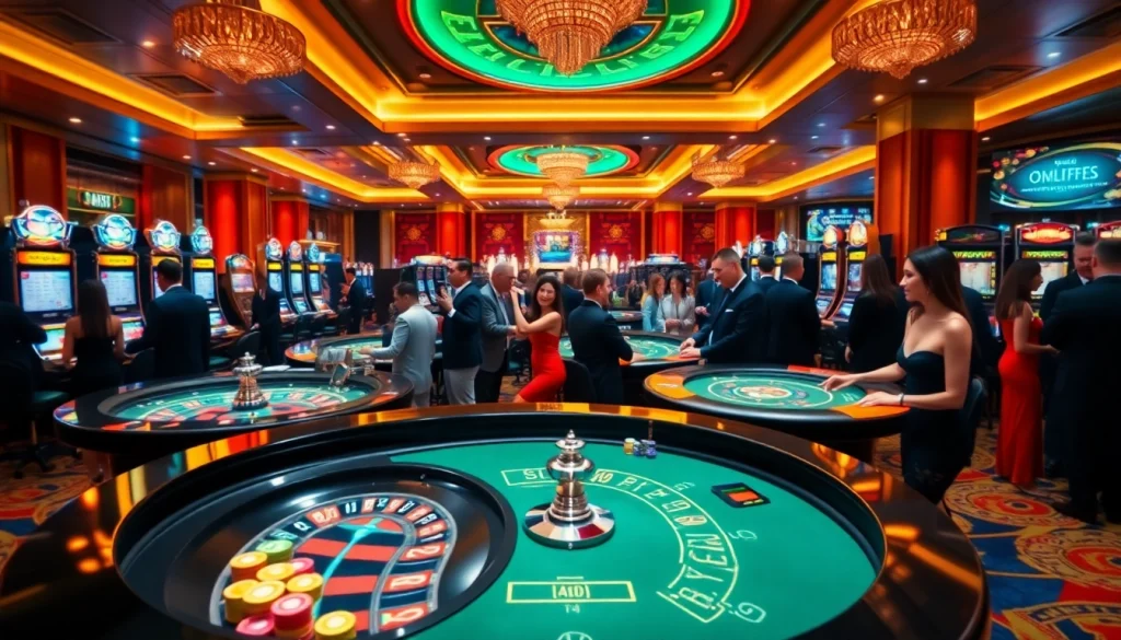 Players engaging at Dom88.us.com, enjoying poker and roulette in a luxurious casino environment.
