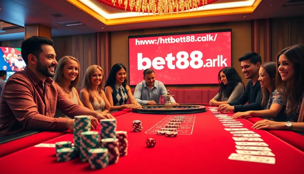 Engaged players enjoying gambling at a luxurious casino, featuring elements from https://bet88.talk/.