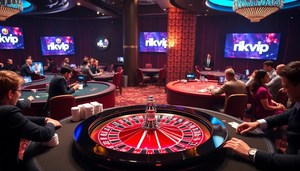 Players strategizing at a rikvip casino table, with vibrant lighting and a modern roulette wheel.