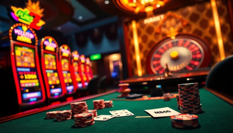 Experience thrilling MB66 gaming with vibrant casino tables, cards, and roulette wheels.