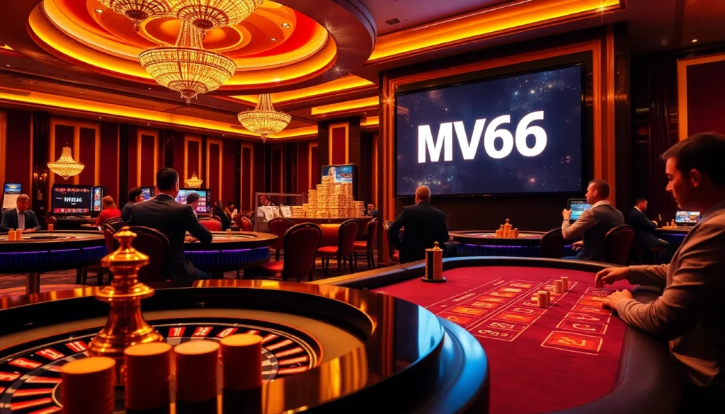 MV66 themed casino scene with players engaged in lively table games and vibrant atmosphere.