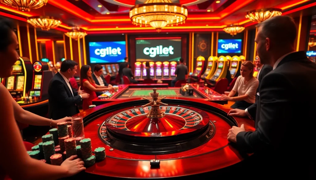 Engaging casino scene at c54.gb.net featuring a roulette wheel and excited players.