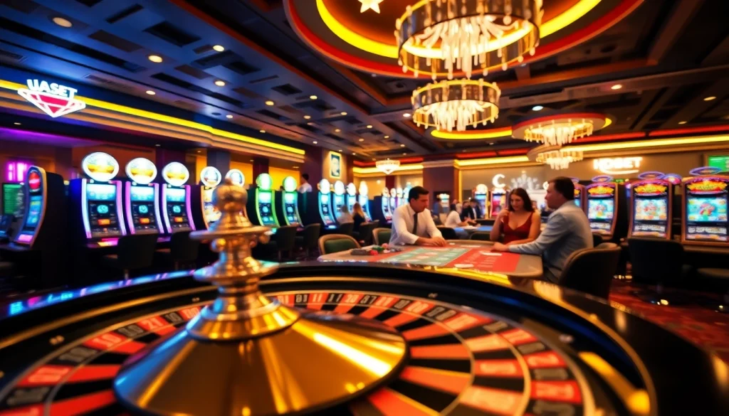 Intense gaming scene at HDBET casino with roulette wheel, poker chips, and blackjack table.
