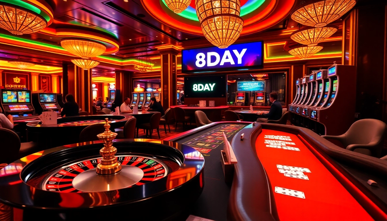 Players enjoying a dynamic casino atmosphere with 8DAY branding on display.