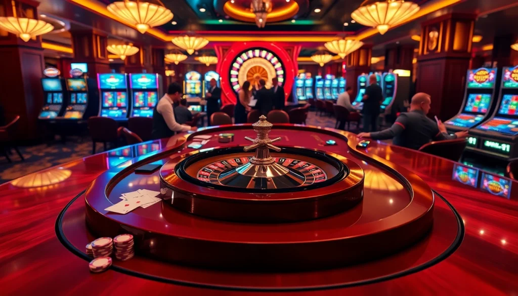 Experience excitement at https://fabet.blog/ with a lively casino scene featuring poker tables and slot machines.