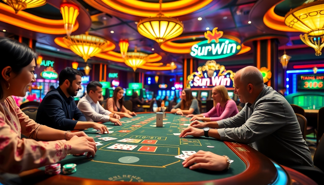 Players experiencing the thrill of a casino game at Sun Win, with bright lights and a luxurious atmosphere.