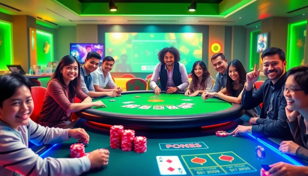 Exciting online gaming scene at gamebaidoithuong.com.vc featuring players at a virtual poker table.