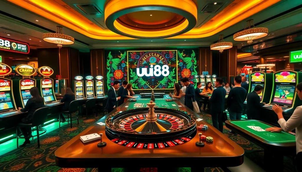Experience thrilling gameplay at uu88 with an engaging casino scene featuring roulette and slot machines.
