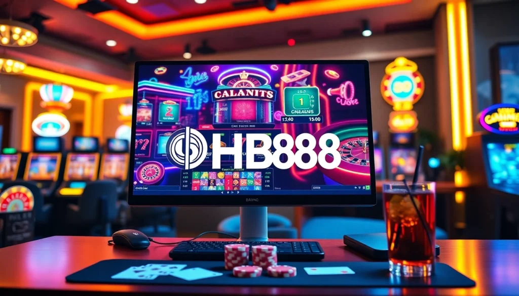 Engaging online gambling scene with HB88 logo showcasing vibrant casino games and luxurious gaming elements.