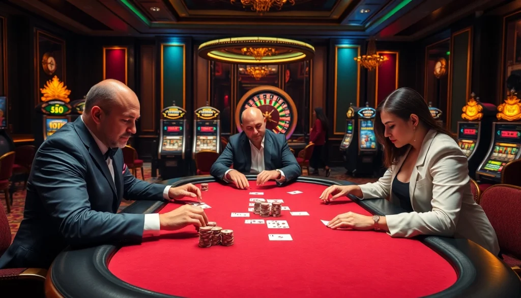 Players enjoying a thrilling game of poker at uu88's luxurious casino.