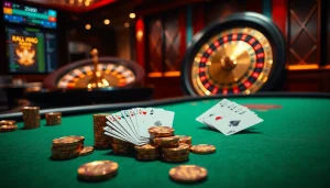 Experience the thrill of gambling at https://az888.futbol featuring a luxurious poker table and roulette wheel.