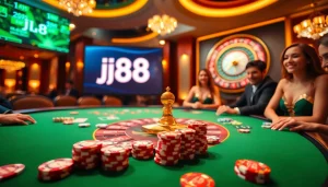 Excited players engaging at a luxurious j88 casino gaming table filled with poker chips and cards.