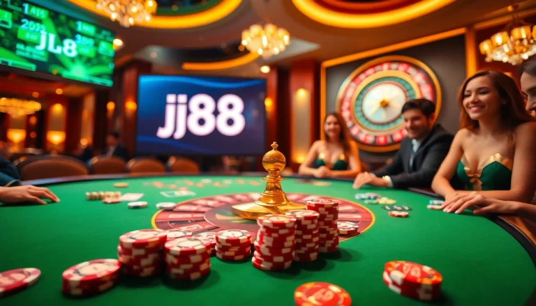 Excited players engaging at a luxurious j88 casino gaming table filled with poker chips and cards.