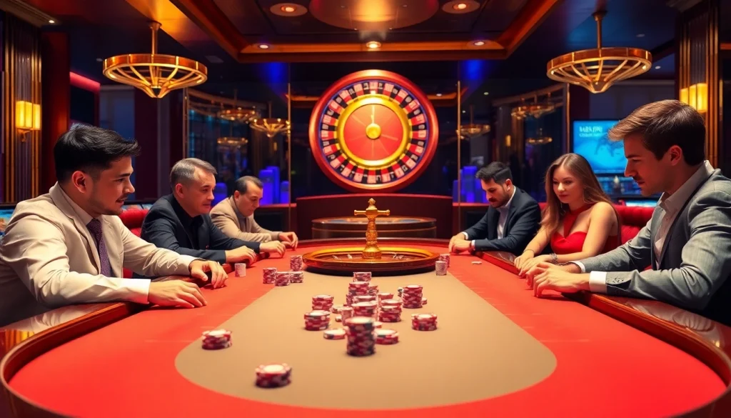 Players engage in poker at a luxurious casino table, showcasing tr88vip.co.com’s thrilling gaming experience.