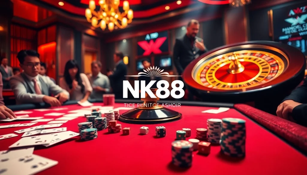 Players engaging at a vibrant NK88 casino table with cards and colorful chips.