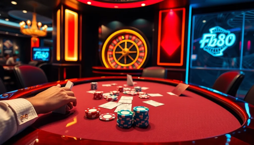 Engage in exciting poker thrills at Fb88 casino with colorful chips and atmospheric lighting.